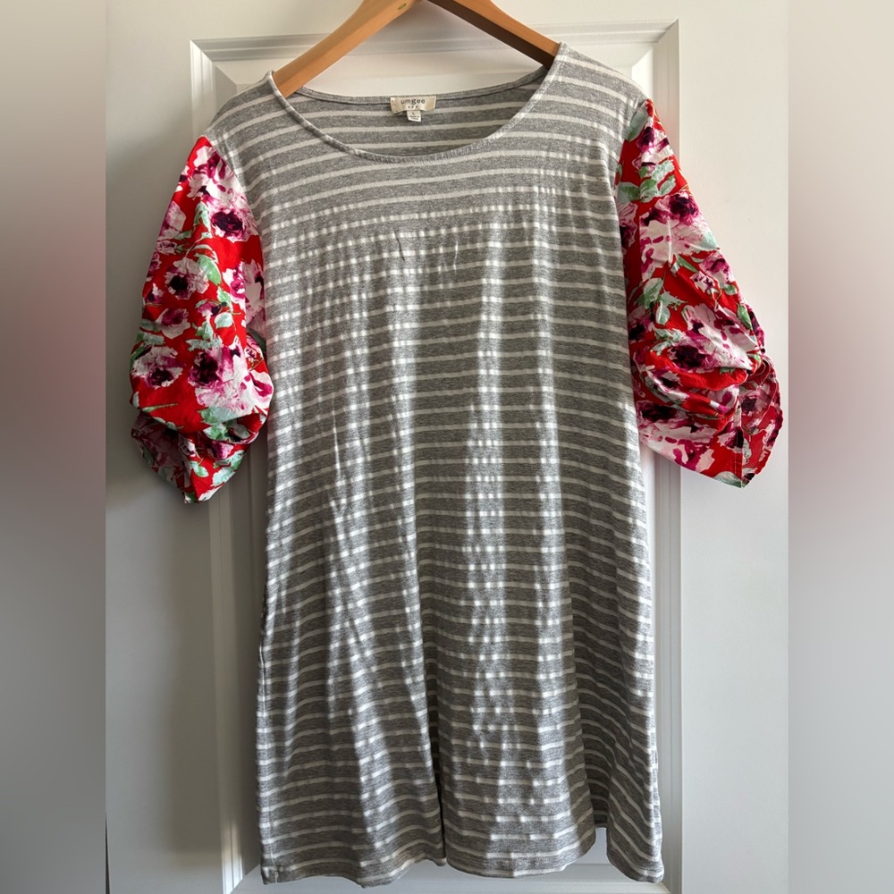 Umgee Women’s Striped Dress Tunic With Pockets Puff Floral Sleeve‎ Large